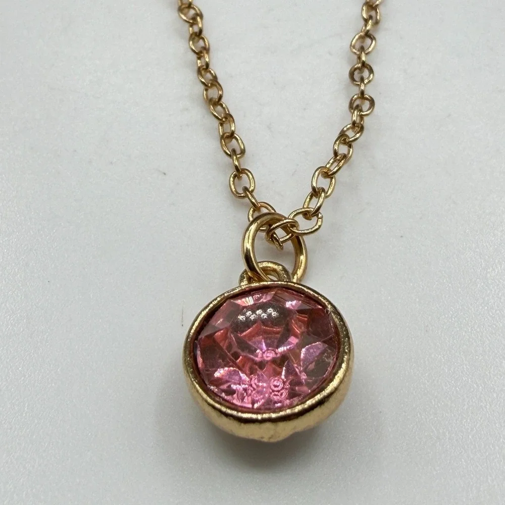 Gold Tone Pink Rhinestone Pendant Necklace Round Crystal Adjustable Chain Gift